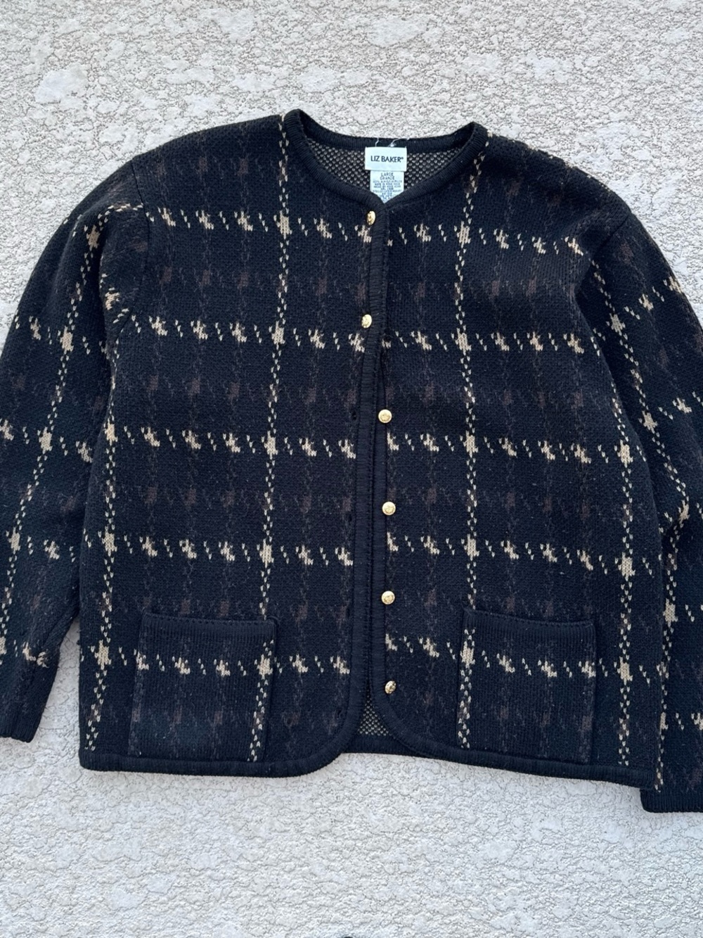 Liz Baker Black Plaid Cardigan with Tan Accents
